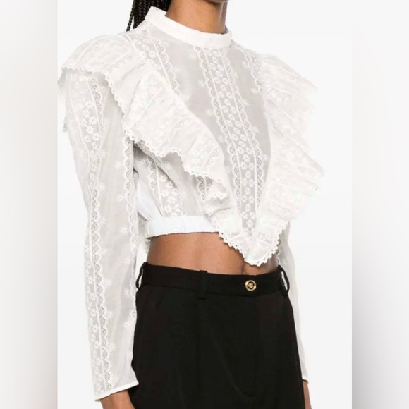 Sandro Tops - Sandro Shena Floral-Embroidered Crop Blouse in White Size 8